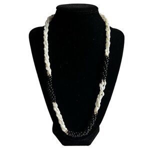 Vintage black & white beaded 3 strand twisted necklace Mother of pearl shell MOP